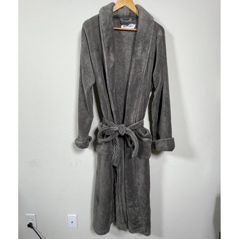 Restoration Hardware Fleece Bathrobe XL Grey Plush Shawl Collar Belted Pocket